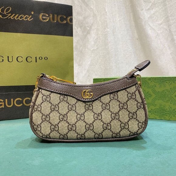 Gucci 'Ophidia' Brown Mini Textured Leather-Trimmed Printed Coated-Canvas - Picture 1 of 9